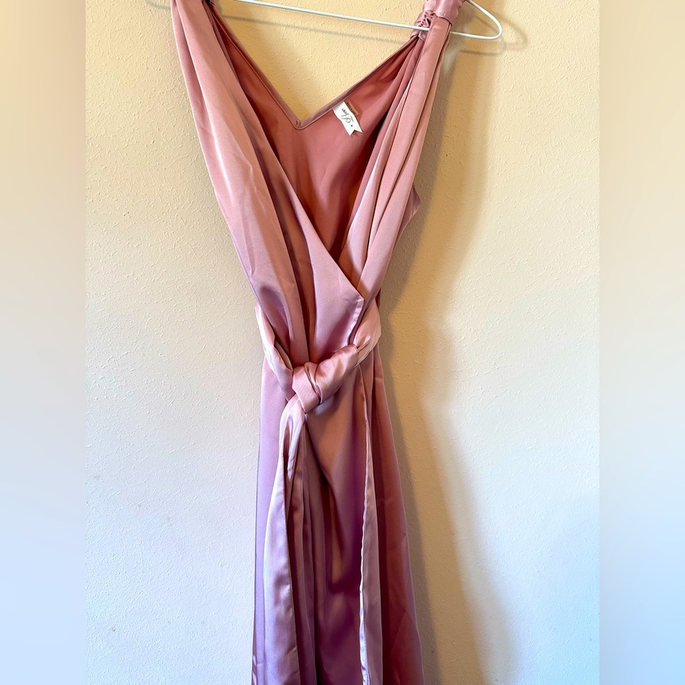 Pink satin wrap midi dress